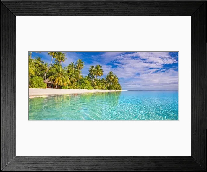 Framed Print : Amazing nature beach with palm trees and moody sky. Summer vacation travel holiday background concept. Maldives paradise beach. Luxury travel summer