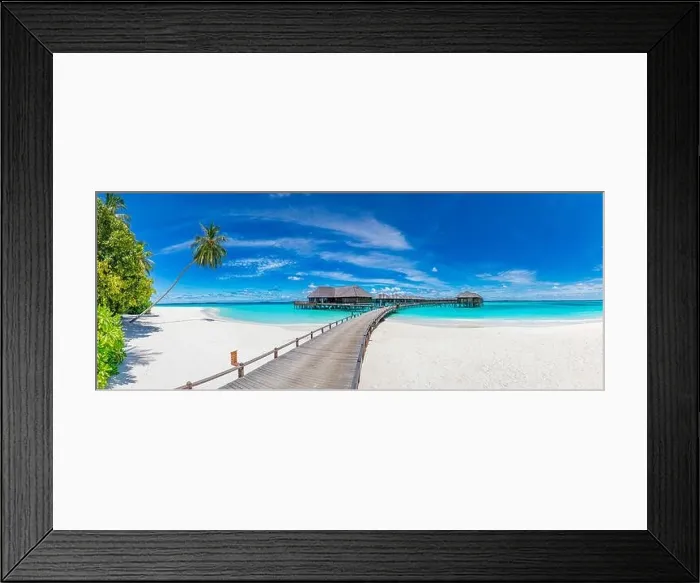 Framed Print : Luxury island resort vacation holiday panoramic landscape. Amazing travel beach banner panorama. Jetty pier with water villas, relax stunning sea palm Framed Print : Luxury island resort vacation holiday panoramic landscape. Amazing travel beach banner panorama. Jetty pier with water villas, relax stunning sea palm
