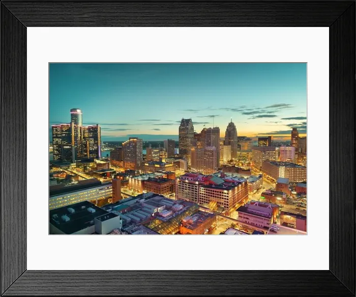 Framed Print : Detroit, Michigan, USA downtown skyline from above at dusk Framed Print : Detroit, Michigan, USA downtown skyline from above at dusk