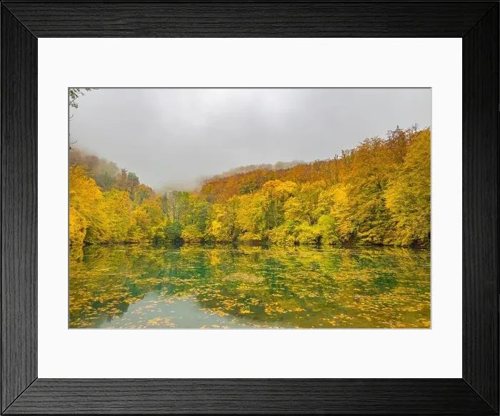 Framed Print : Beautiful, colorful autumn lake. Amazing water reflection, peaceful nature scenery. Yellow orange leaves, misty morning light. Relax autumnal fall Framed Print : Beautiful, colorful autumn lake. Amazing water reflection, peaceful nature scenery. Yellow orange leaves, misty morning light. Relax autumnal fall