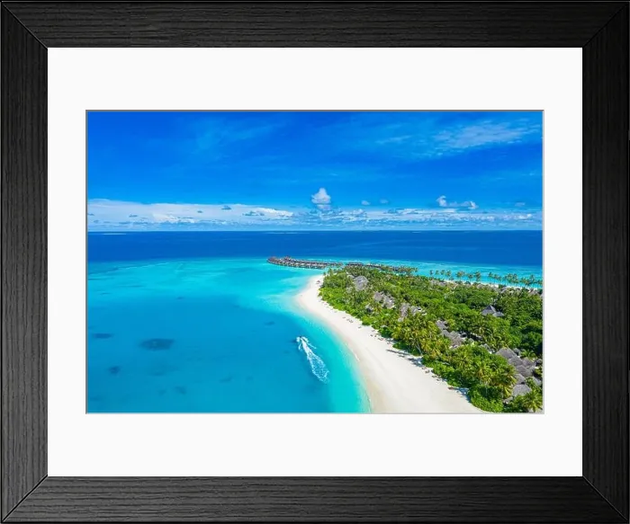Framed Print : Maldives paradise scenery. Tropical aerial landscape, seascape with long jetty water villas with amazing sea and lagoon beach, tropical nature. Exotic Framed Print : Maldives paradise scenery. Tropical aerial landscape, seascape with long jetty water villas with amazing sea and lagoon beach, tropical nature. Exotic