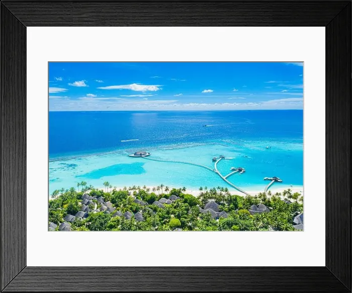 Framed Print : Maldives paradise scenery. Tropical aerial landscape, seascape with long jetty water villas with amazing sea and lagoon beach, tropical nature. Exotic Framed Print : Maldives paradise scenery. Tropical aerial landscape, seascape with long jetty water villas with amazing sea and lagoon beach, tropical nature. Exotic