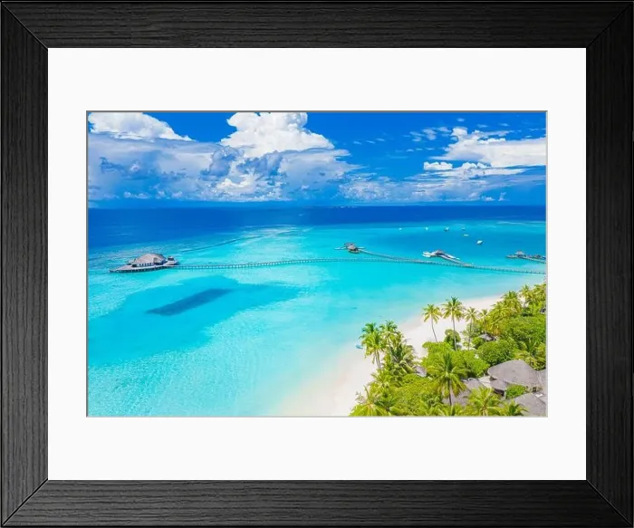 Framed Print : Maldives paradise scenery. Tropical aerial landscape, seascape with long jetty water villas with amazing sea and lagoon beach, tropical nature. Exotic Framed Print : Maldives paradise scenery. Tropical aerial landscape, seascape with long jetty water villas with amazing sea and lagoon beach, tropical nature. Exotic