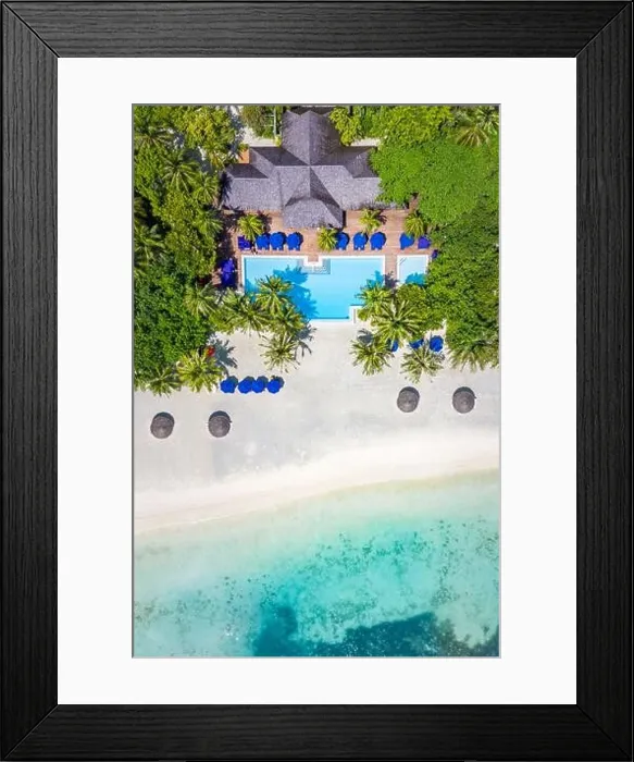 Framed Print : Tropical landscape with palm trees, parasols, white sand, blue water, waves. Top view, swimming pool, poolside, amazing shore, coast beach, top aerial Framed Print : Tropical landscape with palm trees, parasols, white sand, blue water, waves. Top view, swimming pool, poolside, amazing shore, coast beach, top aerial