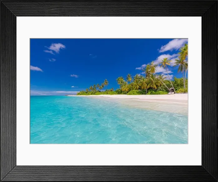 Framed Print : Tropical beach panorama view, summer landscape, palm trees and white sand, horizon of calm sea for beach banner. Relax nature of beach scene, vacation Framed Print : Tropical beach panorama view, summer landscape, palm trees and white sand, horizon of calm sea for beach banner. Relax nature of beach scene, vacation