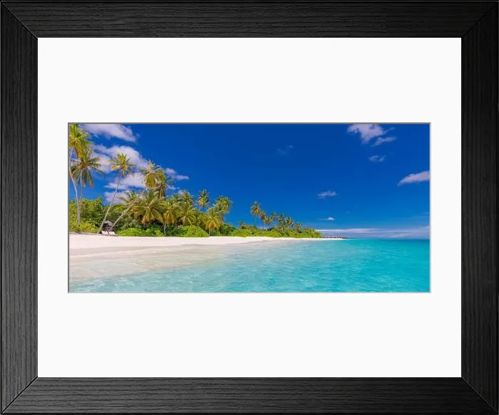 Framed Print : Tropical beach panorama view, summer landscape, palm trees and white sand, horizon of calm sea for beach banner. Relax nature of beach scene, vacation Framed Print : Tropical beach panorama view, summer landscape, palm trees and white sand, horizon of calm sea for beach banner. Relax nature of beach scene, vacation