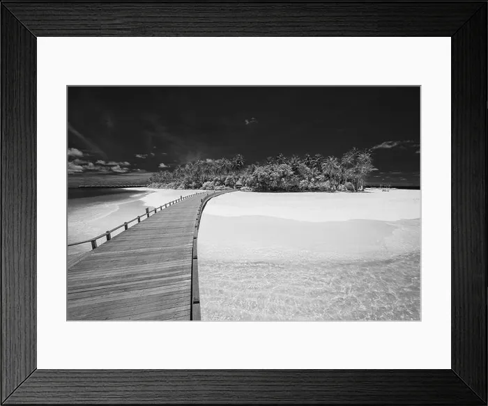 Framed Print : Abstract black and white beach landscape, tropical nature. Artistic resort with wooden jetty into paradise island. Dramatic island, shore, coast with Framed Print : Abstract black and white beach landscape, tropical nature. Artistic resort with wooden jetty into paradise island. Dramatic island, shore, coast with
