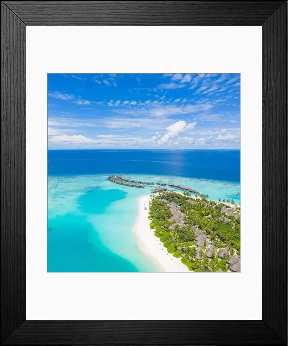 Framed Print : Maldives paradise scenery. Tropical aerial landscape, seascape with long jetty, water villas with amazing sea lagoon beach, tropical nature. Exotic Framed Print : Maldives paradise scenery. Tropical aerial landscape, seascape with long jetty, water villas with amazing sea lagoon beach, tropical nature. Exotic