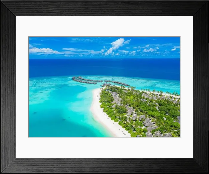 Framed Print : Maldives paradise scenery. Tropical aerial landscape, seascape with long jetty, water villas with amazing sea lagoon beach, tropical nature. Exotic Framed Print : Maldives paradise scenery. Tropical aerial landscape, seascape with long jetty, water villas with amazing sea lagoon beach, tropical nature. Exotic