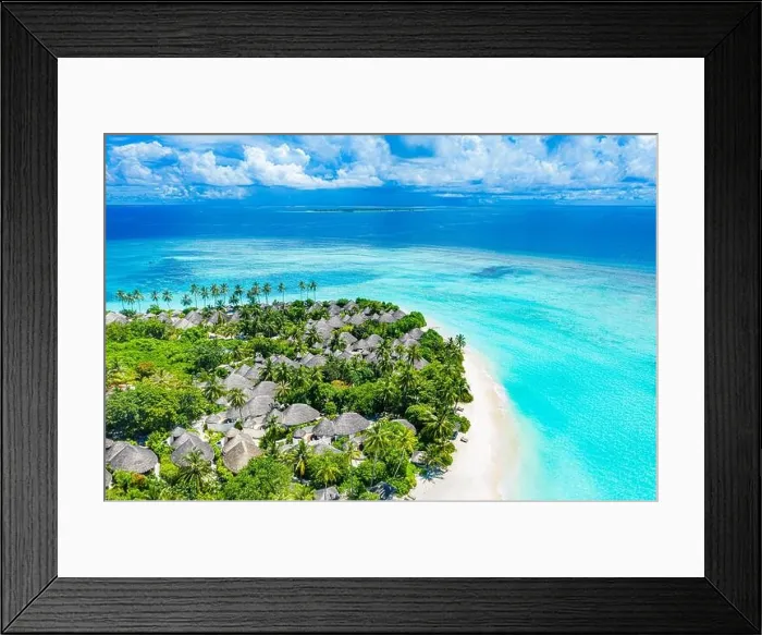 Framed Print : Maldives paradise scenery. Tropical aerial landscape, seascape with long jetty, water villas with amazing sea lagoon beach, tropical nature. Exotic Framed Print : Maldives paradise scenery. Tropical aerial landscape, seascape with long jetty, water villas with amazing sea lagoon beach, tropical nature. Exotic