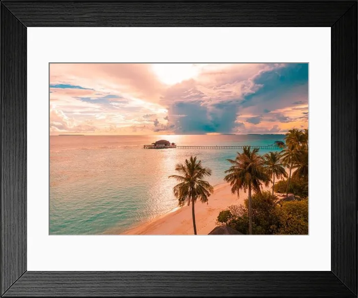 Framed Print : Aerial sunrise sunset beach bay view, colorful sky and clouds, wooden jetty over water bungalow. Meditation relaxation tropical drone view, sea ocean Framed Print : Aerial sunrise sunset beach bay view, colorful sky and clouds, wooden jetty over water bungalow. Meditation relaxation tropical drone view, sea ocean
