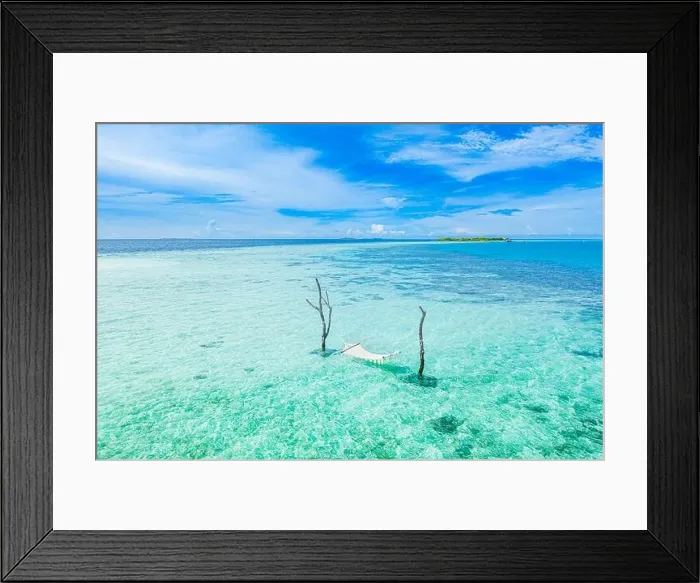 Framed Print : Tropical island coast as summer landscape with swing or hammock and amazing calm sea lagoon for beach banner. Wonderful beach scene vacation holiday Framed Print : Tropical island coast as summer landscape with swing or hammock and amazing calm sea lagoon for beach banner. Wonderful beach scene vacation holiday