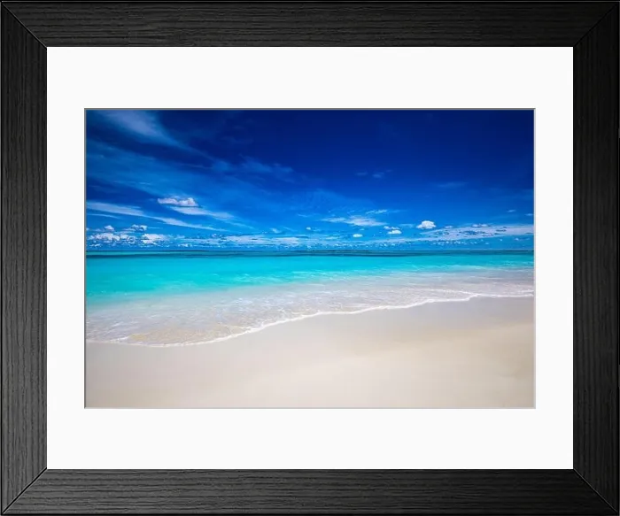 Framed Print : Beach and tropical sea. Stunning summer landscape, shore, coast with calm waves, relaxing seascape horizon over white sand blue sky. Tranquil nature Framed Print : Beach and tropical sea. Stunning summer landscape, shore, coast with calm waves, relaxing seascape horizon over white sand blue sky. Tranquil nature