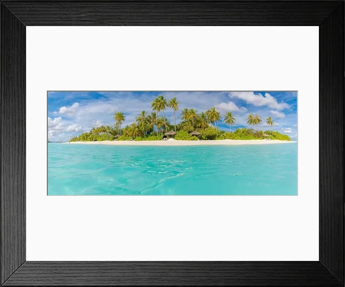 Framed Print : Tropical beach, Maldives. Jetty pathway into tranquil paradise island. Palm trees, white sand and blue sea, perfect summer vacation landscape holiday Framed Print : Tropical beach, Maldives. Jetty pathway into tranquil paradise island. Palm trees, white sand and blue sea, perfect summer vacation landscape holiday