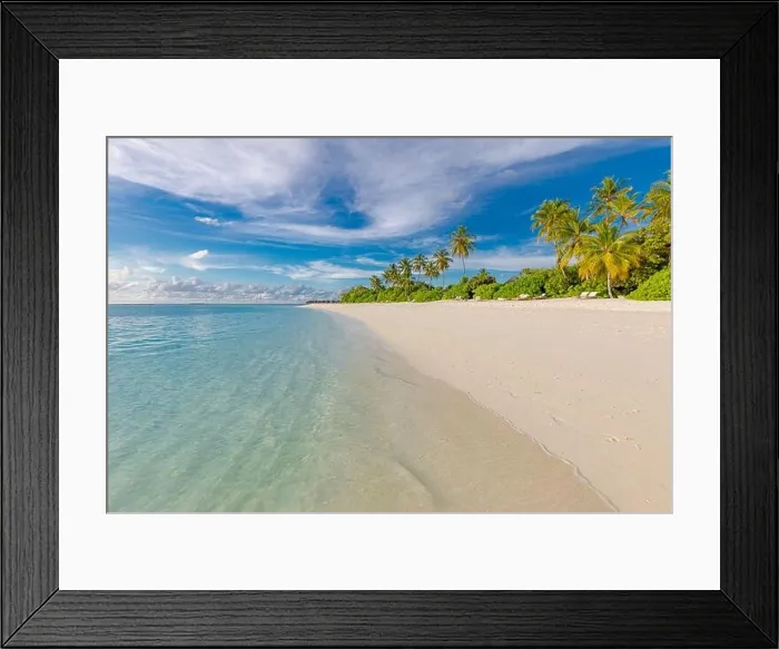 Framed Print : Amazing nature beach with palm trees and moody sky. Summer vacation travel holiday background concept. Maldives tropical paradise beach, shore, coast Framed Print : Amazing nature beach with palm trees and moody sky. Summer vacation travel holiday background concept. Maldives tropical paradise beach, shore, coast