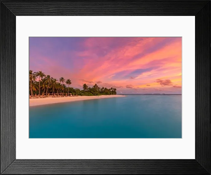 Framed Print : Maldives island beach. Tropical landscape of summer scenery, white sand with palm trees. Luxury travel vacation destination. Amazing beach landscape Framed Print : Maldives island beach. Tropical landscape of summer scenery, white sand with palm trees. Luxury travel vacation destination. Amazing beach landscape