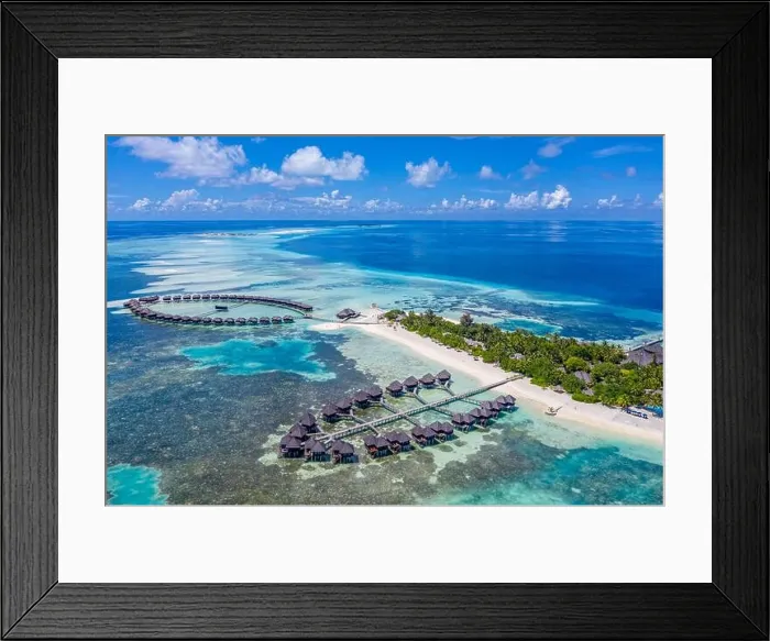 Framed Print : Maldives paradise scenery. Tropical aerial landscape, seascape, water villas amazing sea and lagoon beach tropical nature. Exotic vacation destination Framed Print : Maldives paradise scenery. Tropical aerial landscape, seascape, water villas amazing sea and lagoon beach tropical nature. Exotic vacation destination