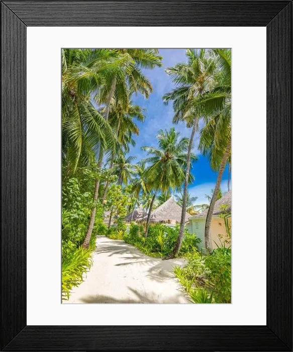 Framed Print : Summer vacation holiday island, vertical view of pathway with palm trees and beach villas bungalows. Luxury travel background tropical nature paradise Framed Print : Summer vacation holiday island, vertical view of pathway with palm trees and beach villas bungalows. Luxury travel background tropical nature paradise