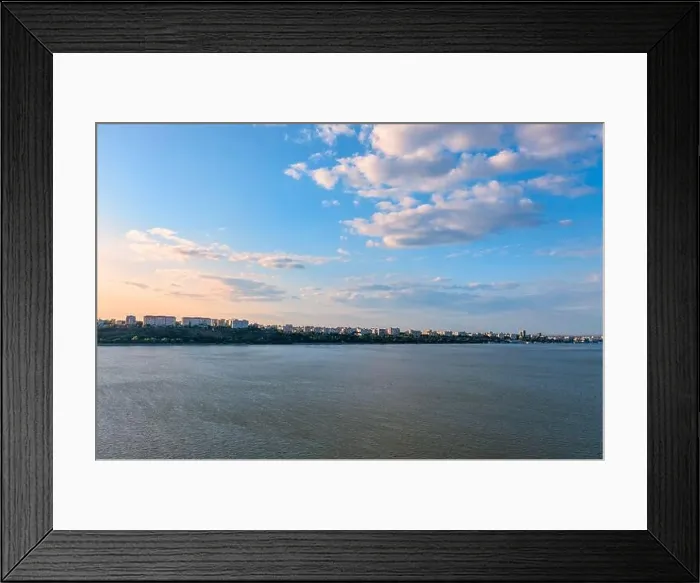 Framed Print : Aerial view of Galati City, Romania. Danube River near city with sunset warm light Framed Print : Aerial view of Galati City, Romania. Danube River near city with sunset warm light