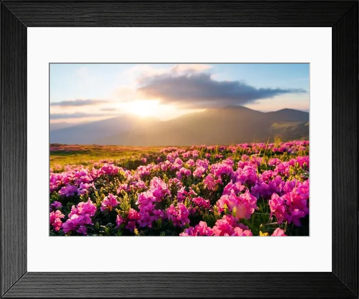 Framed Print : Rhododendron flowers covered mountains meadow in summer time. Orange sunrise light glowing on a foreground. Landscape photography