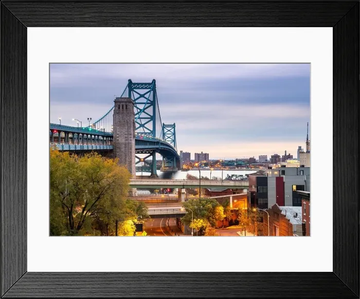 Framed Print : Philadelphia, Pennsylvania, USA at Benjamin Franklin Bridge spanning the Delaware River towards Camden, New Jersey Framed Print : Philadelphia, Pennsylvania, USA at Benjamin Franklin Bridge spanning the Delaware River towards Camden, New Jersey