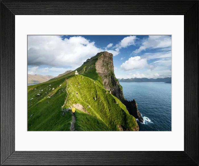 Framed Print : Kallur lighthouse on green hills of Kalsoy island, Faroe islands, Denmark. Landscape photography