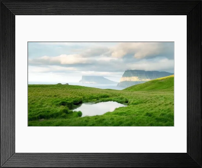 Framed Print : Lonely tourist near small lake looks at foggy islands in Atlantic ocean from Kalsoy island, Faroe Islands, Denmark. Landscape photography Framed Print : Lonely tourist near small lake looks at foggy islands in Atlantic ocean from Kalsoy island, Faroe Islands, Denmark. Landscape photography