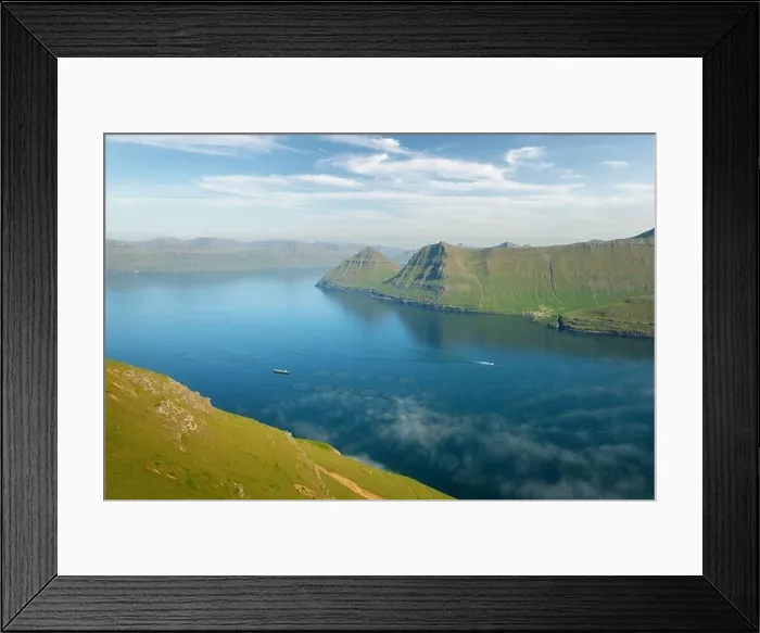 Framed Print : Fish farm with ship on foggy fjords of Funningur, Eysturoy island, Faroe Islands. Landscape photography Framed Print : Fish farm with ship on foggy fjords of Funningur, Eysturoy island, Faroe Islands. Landscape photography