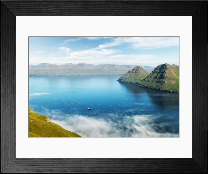 Framed Print : Fish farm with ship on foggy fjords of Funningur, Eysturoy island, Faroe Islands. Landscape photography Framed Print : Fish farm with ship on foggy fjords of Funningur, Eysturoy island, Faroe Islands. Landscape photography