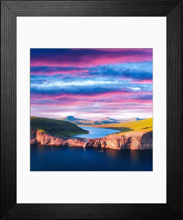 Framed Print : Aerial view from drone of Sorvagsvatn lake on cliffs of Vagar island in sunset time, Faroe Islands, Denmark. Landscape photography Framed Print : Aerial view from drone of Sorvagsvatn lake on cliffs of Vagar island in sunset time, Faroe Islands, Denmark. Landscape photography