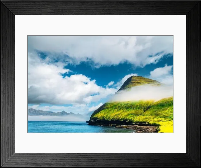 Framed Print : Picturesque view on green faroese islands mountains near village of Gjogv on the Eysturoy island, Faroe Islands, Denmark. Landscape photography Framed Print : Picturesque view on green faroese islands mountains near village of Gjogv on the Eysturoy island, Faroe Islands, Denmark. Landscape photography