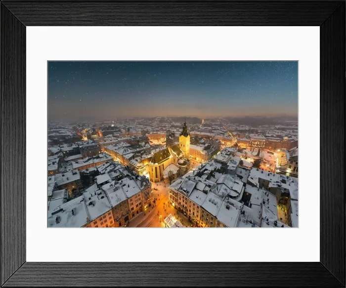 Framed Print : Gorgeus cityscape of winter Lviv city from top of town hall during sunset, Ukraine. Landscape photography Framed Print : Gorgeus cityscape of winter Lviv city from top of town hall during sunset, Ukraine. Landscape photography