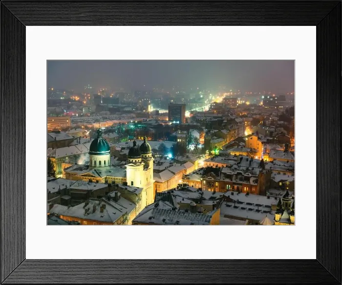 Framed Print : Gorgeus cityscape of winter Lviv city from top of town hall during sunset, Ukraine. Landscape photography Framed Print : Gorgeus cityscape of winter Lviv city from top of town hall during sunset, Ukraine. Landscape photography