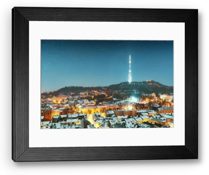 Framed Print : Gorgeus cityscape of winter Lviv city from top of town hall during sunset, Ukraine. Landscape photography Framed Print : Gorgeus cityscape of winter Lviv city from top of town hall during sunset, Ukraine. Landscape photography