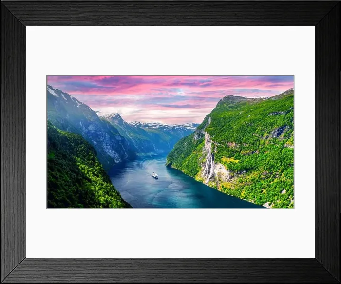 Framed Print : Panorama of breathtaking view of Sunnylvsfjorden fjord and famous Seven Sisters waterfalls, near Geiranger village in western Norway Framed Print : Panorama of breathtaking view of Sunnylvsfjorden fjord and famous Seven Sisters waterfalls, near Geiranger village in western Norway