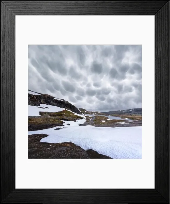 Framed Print : Typical norwegian landscape with snowy mountains and clear lake near the famous Aurlandsvegen (Bjorgavegen), mountain road, Aurland, Norway