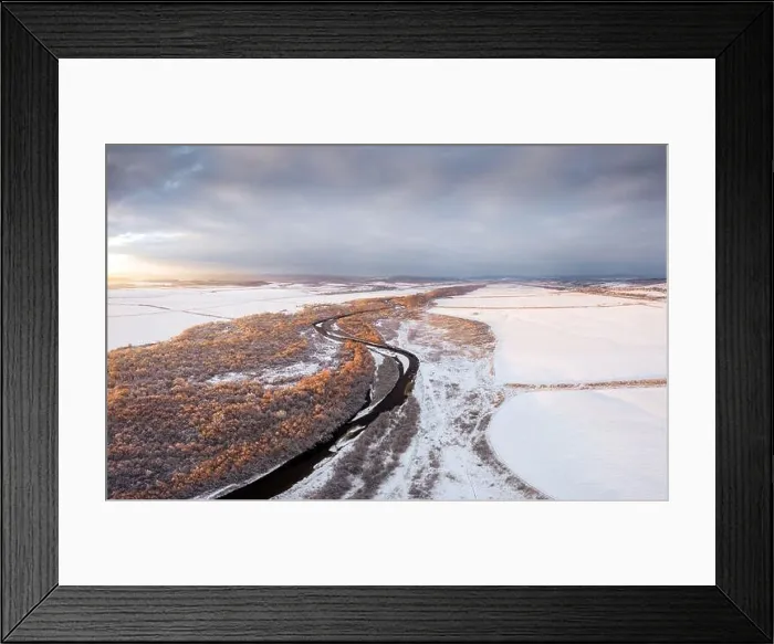 Framed Print : Flight through majestic river, frozen forest and frosty winter fields at sunrise time. Landscape photography Framed Print : Flight through majestic river, frozen forest and frosty winter fields at sunrise time. Landscape photography