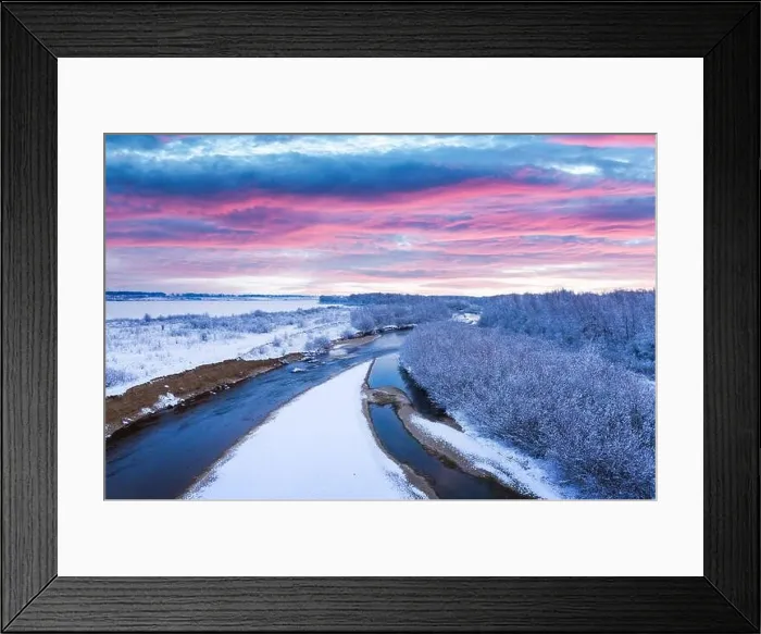 Framed Print : Flight through majestic river, frozen forest and frosty winter fields at sunrise time. Landscape photography Framed Print : Flight through majestic river, frozen forest and frosty winter fields at sunrise time. Landscape photography