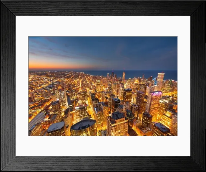 Framed Print : Chicago, Illinois USA aerial skyline towards Lake Michigan just after sunset Framed Print : Chicago, Illinois USA aerial skyline towards Lake Michigan just after sunset