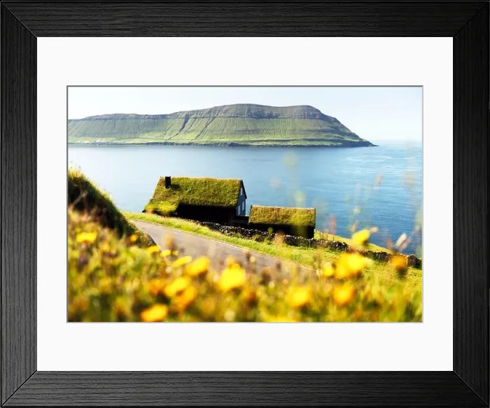 Framed Print : Foggy morning view of a house with grass roof in the Velbastadur village on Streymoy island, Faroe islands, Denmark. Landscape photography Framed Print : Foggy morning view of a house with grass roof in the Velbastadur village on Streymoy island, Faroe islands, Denmark. Landscape photography