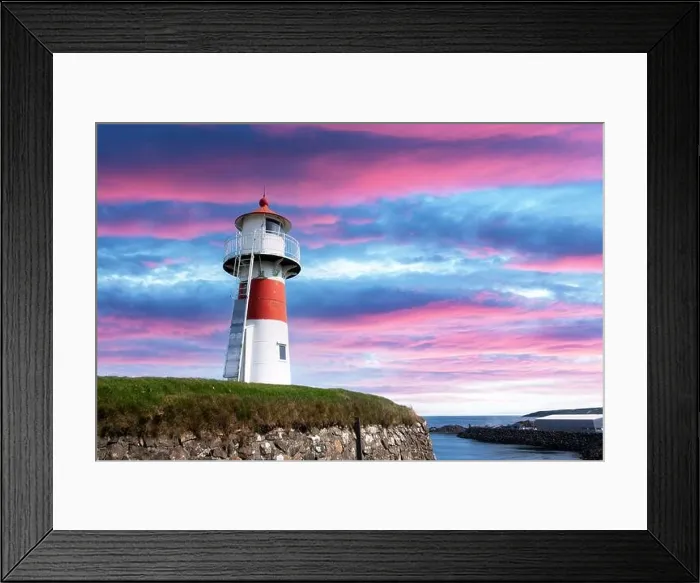 Framed Print : Old lighthouse outside Torshavn city against incredible purple sunset sky, Streymoy island, Faroe Islands, Denmark Framed Print : Old lighthouse outside Torshavn city against incredible purple sunset sky, Streymoy island, Faroe Islands, Denmark