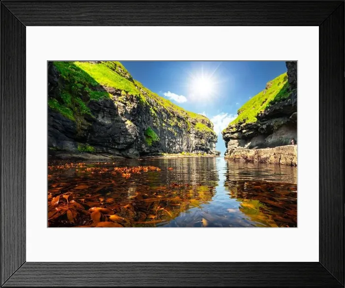 Framed Print : Beautiful view of dock or harbor with clear water and red seaweed in Gjogv village, Eysuroy island, Faroe Islands, Denmark. Landscape photography Framed Print : Beautiful view of dock or harbor with clear water and red seaweed in Gjogv village, Eysuroy island, Faroe Islands, Denmark. Landscape photography
