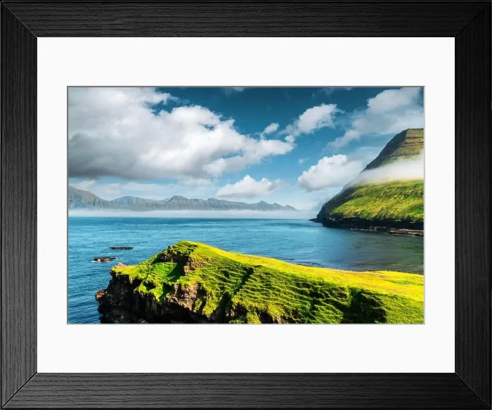 Framed Print : Picturesque view on green faroese islands mountains near village of Gjogv on the Eysturoy island, Faroe Islands, Denmark. Landscape photography Framed Print : Picturesque view on green faroese islands mountains near village of Gjogv on the Eysturoy island, Faroe Islands, Denmark. Landscape photography
