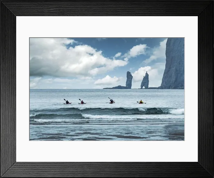 Framed Print : Four kayaker on Tjornuvik beach on Streymoy island, Faroe Islands, Denmark. Landscape photography Framed Print : Four kayaker on Tjornuvik beach on Streymoy island, Faroe Islands, Denmark. Landscape photography