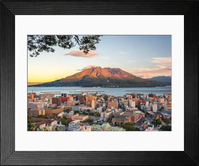 Framed Print : Kagoshima, Japan skyline with Sakurajima Volcano at dusk Framed Print : Kagoshima, Japan skyline with Sakurajima Volcano at dusk