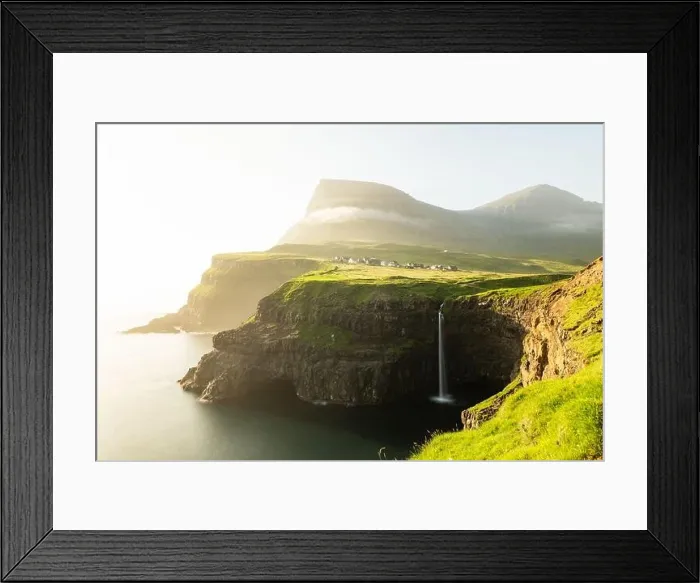 Framed Print : Incredible day view of Mulafossur waterfall in Gasadalur village, Vagar Island of the Faroe Islands, Denmark. Landscape photography Framed Print : Incredible day view of Mulafossur waterfall in Gasadalur village, Vagar Island of the Faroe Islands, Denmark. Landscape photography