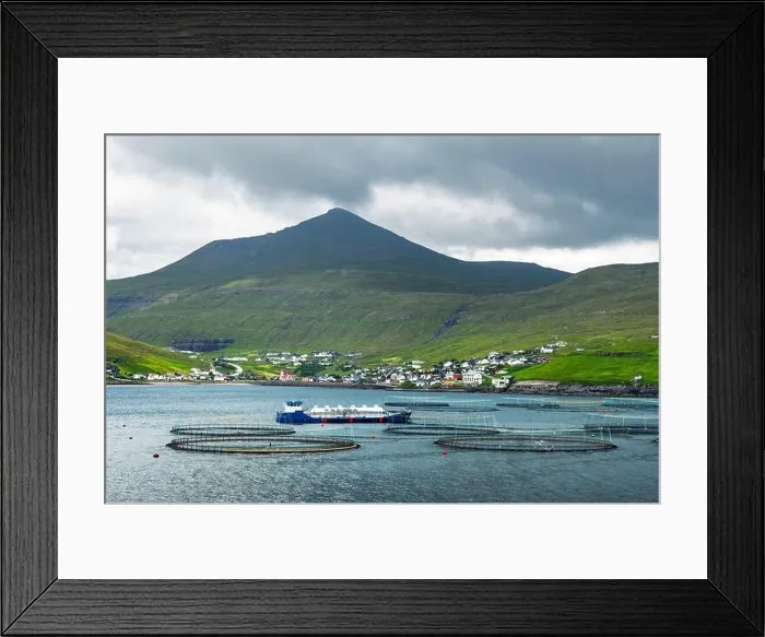 Framed Print : Dramatic morning view on Sandavagur village and fish farm on Vagar island, Faroe Islands, Denmark. Landscape photography
