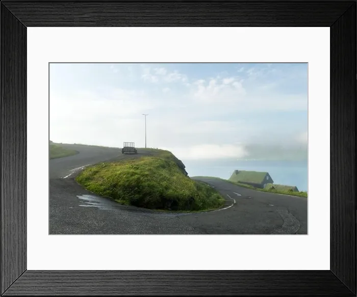 Framed Print : Foggy morning view of a house with typical turf-top grass roof in the Velbastadur village on Streymoy island, Faroe islands, Denmark. Landscape photog Framed Print : Foggy morning view of a house with typical turf-top grass roof in the Velbastadur village on Streymoy island, Faroe islands, Denmark. Landscape photog