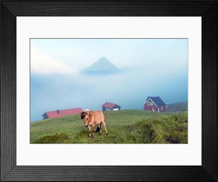 Framed Print : Foggy morning view of a houses with red roof in the Velbastadur village on Streymoy island, Faroe islands, Denmark. Landscape photography Framed Print : Foggy morning view of a houses with red roof in the Velbastadur village on Streymoy island, Faroe islands, Denmark. Landscape photography