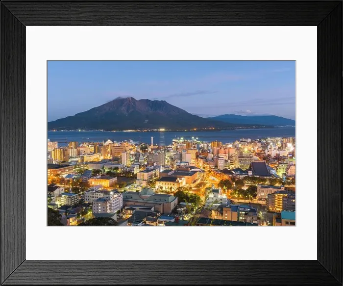 Framed Print : Kagoshima, Japan skyline with Sakurajima Volcano at dusk Framed Print : Kagoshima, Japan skyline with Sakurajima Volcano at dusk